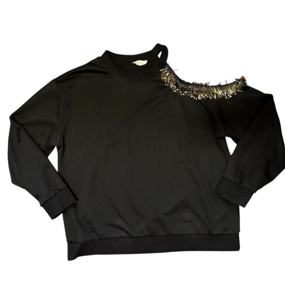 STELLAH asymmetrical black beaded fringe cold shoulder crew neck top women’s XL - Picture 1 of 13